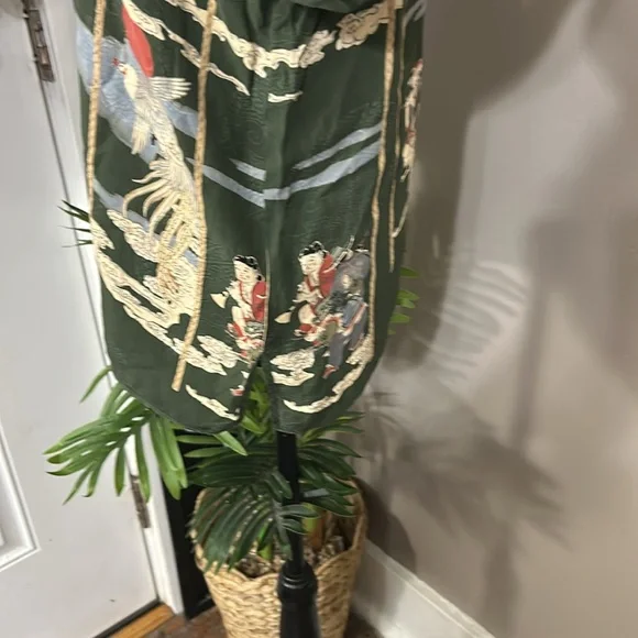 Citron Santa Monica Top Army Green Silk Asian Print Mandarin Collar Women’s M - Picture 6 of 15